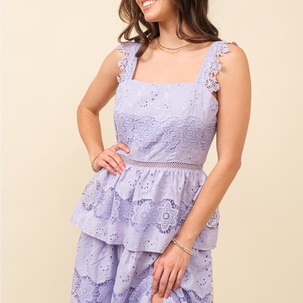 Just Me Lilac Lavender Eyelet Lace Midi 3 Tiered Dress - Picture 2 of 13